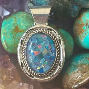 Opal mosaic southwestern sterling silver signed pendant